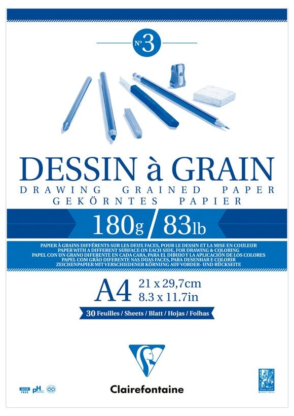 Блокнот для зарисовок А4, 30л Clairefontaine "Dessin a grain" (180 г/кв.м, склейка, мелкое зерно) (96624C)