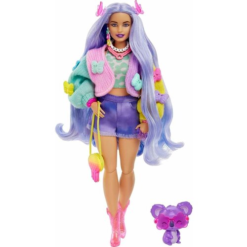 фото Barbie extra doll 20 - кукла барби экстра 20 в лавандовом свитере с бабочками и питомцем коала. hkp95 mattel