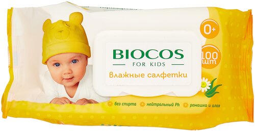 BioCos Влажные салфетки для детей, пластиковая крышка, 100 шт.