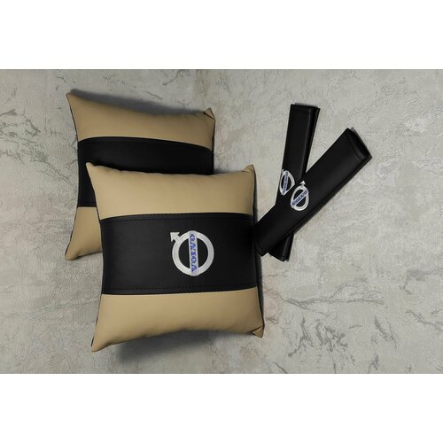 Подарочный набор: декоративная подушка в салон автомобиля из экокожи и накладки на ремень безопасности с логотипом VOLVO, комплект 3 предмета