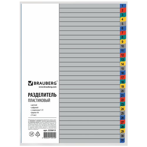 BRAUBERG Разделитель листов А4, 31 лист, цифровой 1-31, пластик, желтый/зеленый/красный/серый/синий