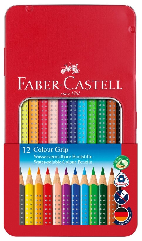 Карандаши цветные Faber-Castell "Grip", 12цв., трехгран., заточен., метал. кор.
