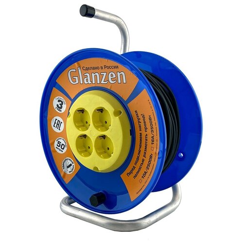 фото Удлинитель силовой на катушке glanzen 4 гн. пвс 3х0,75 50м eb-50-018 1300вт ip20