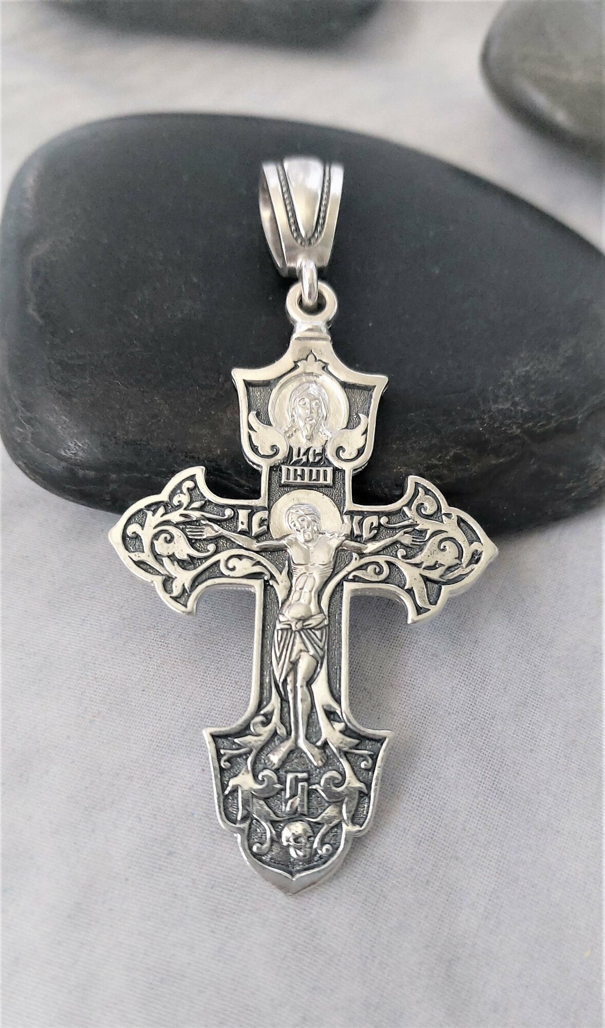 Крестик Крест серебряный мужской "Молитва", серебро, 925 проба, чернение