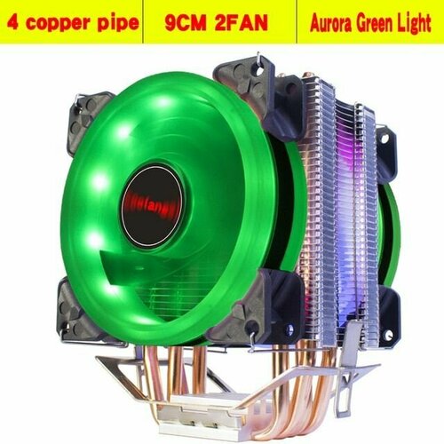 Вентилятор охлаждающий для процессора, кулер, гидродинамический подшипник 4 трубки 2 вентилятора 4 PIN AGL с подсветкой зеленая