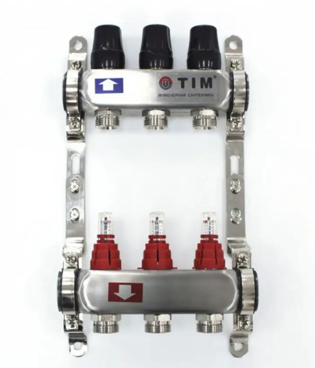 TIM Коллектор с расходомерами KDS5003 1" х 3 выходов из нерж. стали(без кранов возд. слив)