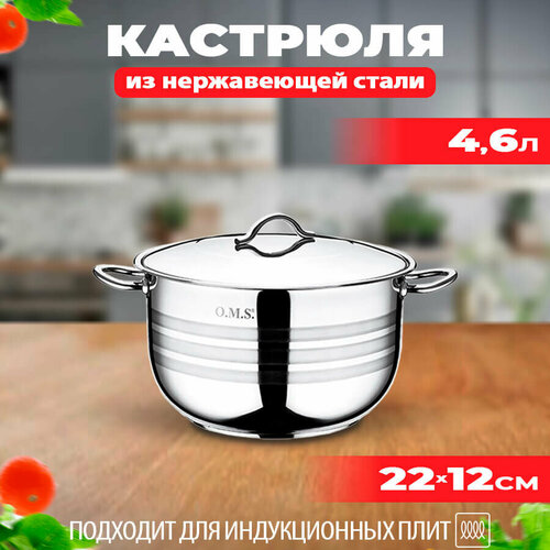 Кастрюля из нержавеющей стали, 22 см, 4.6 л, O.M.S. Collection, серебристого цвета