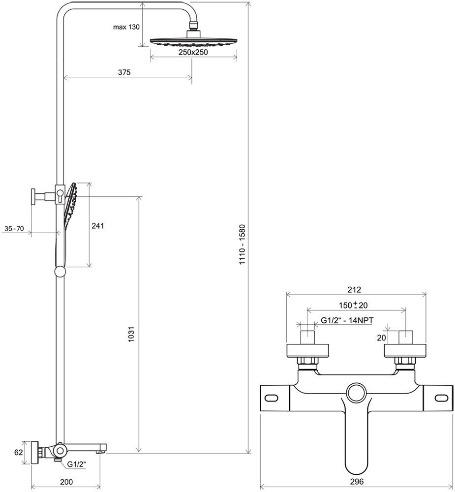 Termo X070098 Душевая система для ванны (1/2", двухзахватный, термостат) Ravak - фото №18