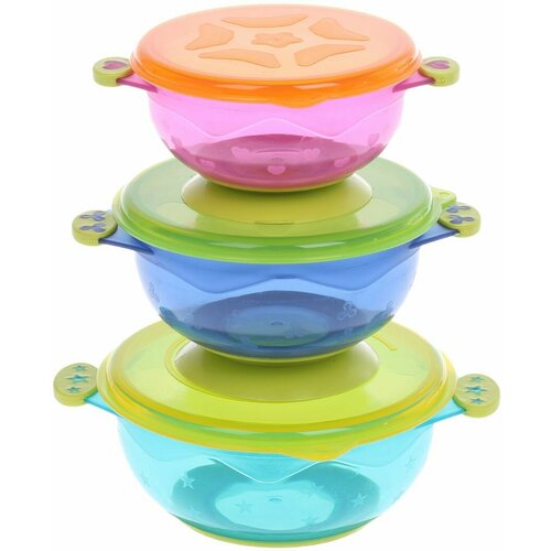 Набор детской посуды, миски на присоске с крышками, от 5 месяцев, 3 шт, разноцветные набор детской посуды миски на присоске 3 шт крышки 3 шт от 5 мес