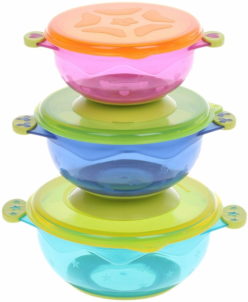 Набор детской посуды, миски на присоске с крышками, от 5 месяцев, 3 шт, разноцветные