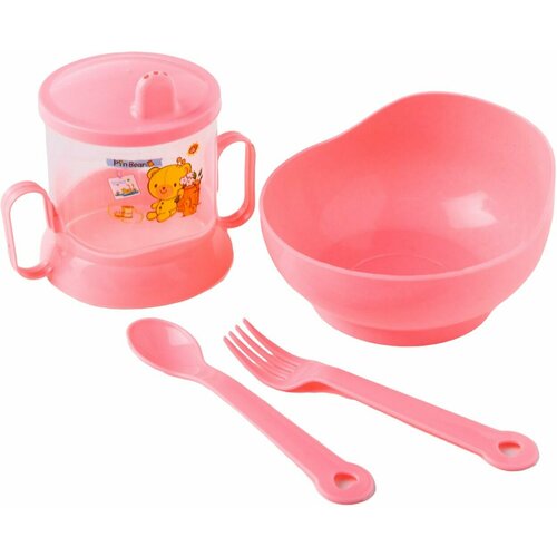Набор детской посуды для кормления малышей, 4 предмета: миска глубокая, ложка и вилка, поильник с ручками, с твёрдым носиком 200 мл, цвета микс