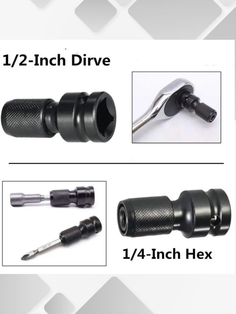 Ударный переходник-адаптер бит с квадрата1/2 на шестигранник1/4 для гайковертов, шуруповертов, трещеток. — фото 1