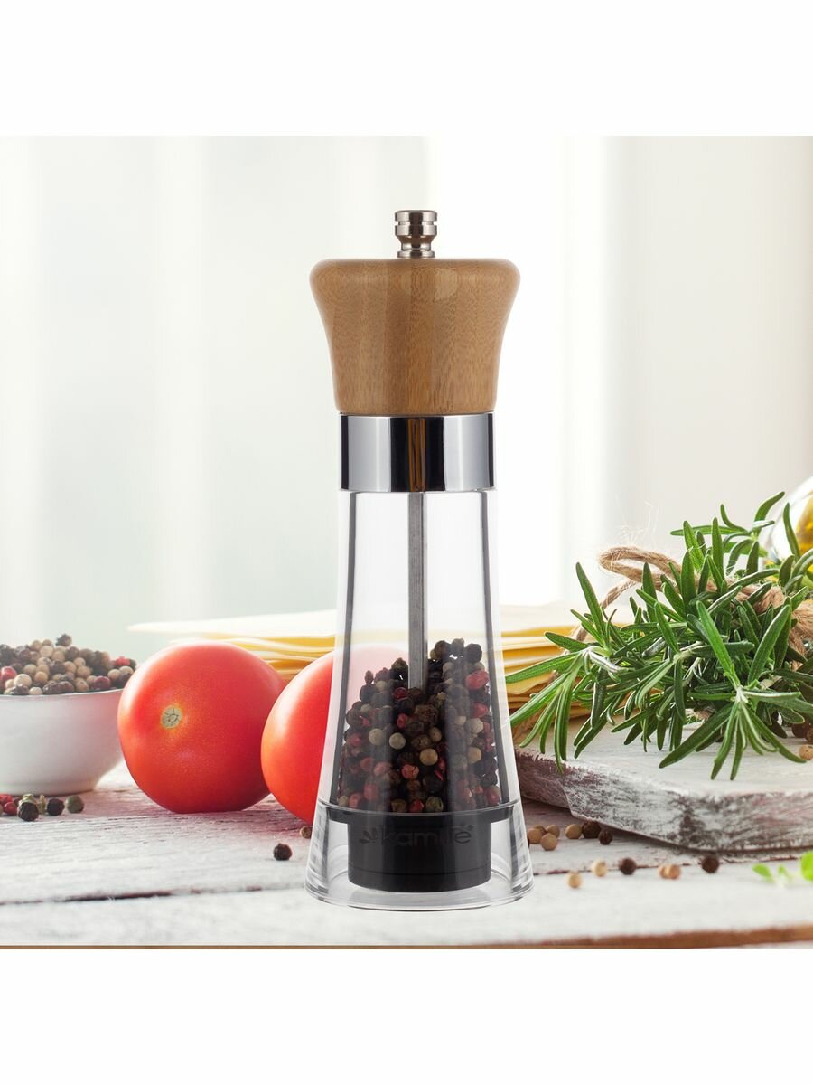 фото Мельница для специй из стекла и бамбука