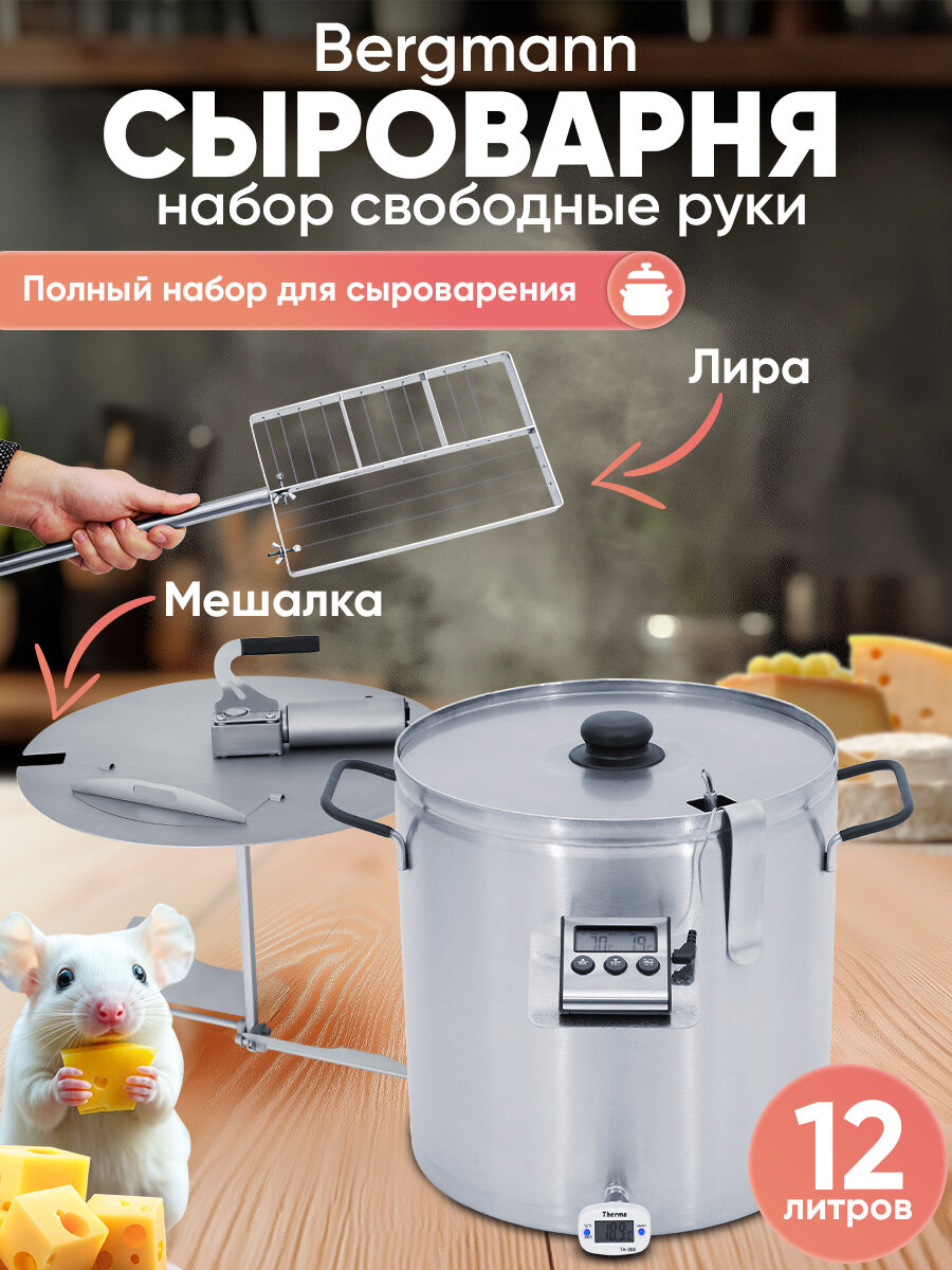 Сыроварня домашняя Helicon Bergmann, 12 л, набор, с реверсивной мешалкой и ножом для сыра