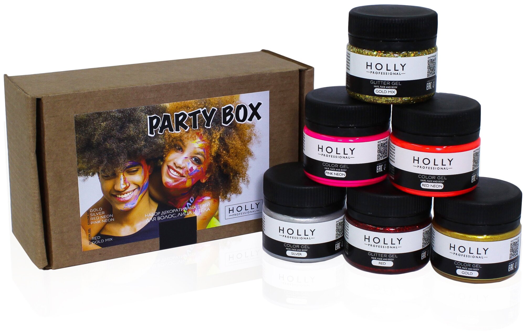 Набор декоративных гелей для волос, лица и тела PARTY BOX Holly Professional, 6 шт, 120 мл 7138974