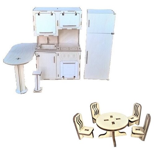 фото Комплект деревянной мебели для кукол 7-13 см "кухня 2 + стол со стульями 4 шт. - малый" наша игрушка