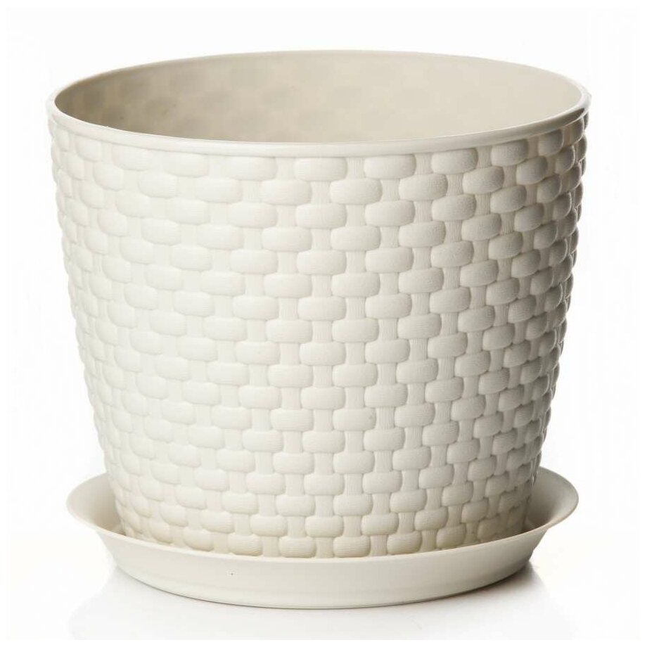 фото Кашпо Ротанг D180мм 3л с поддоном_белый ротанг М 3082(пластик)