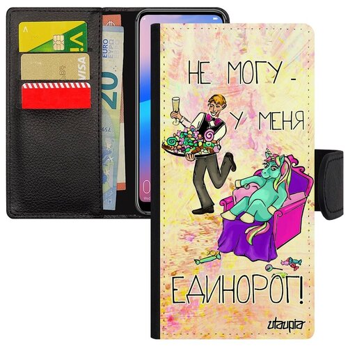 фото Защитный чехол-книжка для телефона // xiaomi redmi 6a // "не могу - сижу с единорогом!" крутой карикатура, utaupia, светло-розовый
