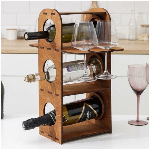 фото Подставка-минибар деревянная skiico kitchenware под 3 бутылки вина и 4 бокала 22×48×10 см / подставка под вино и бокалы цвет коричневый