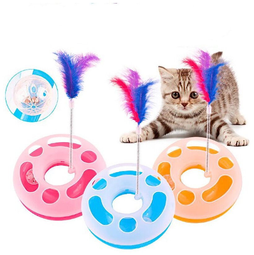 Игрушка для кошек Трэк пластиковый с мячиком и перьями на пружине - фотография № 3