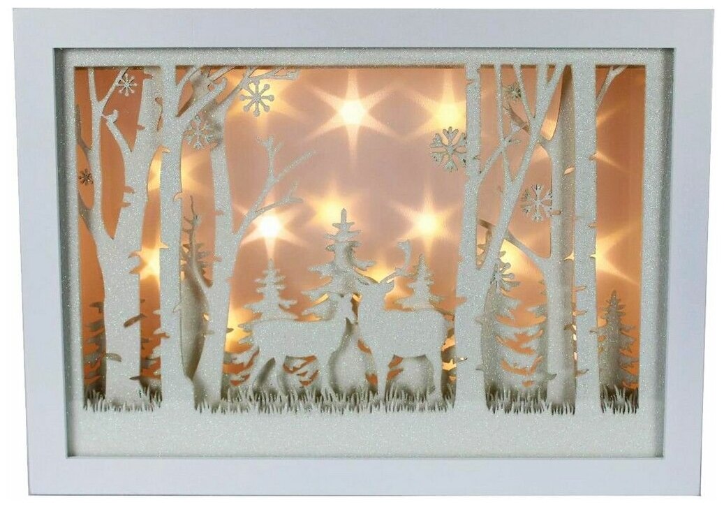 Светящаяся новогодняя декорация романтичные олени, дерево, тёплые белые LED-огни, музыка, 22х30 см, батарейки, Peha Magic PT-96845