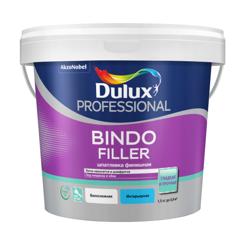 DULUX BINDO FILLER шпаклевка финишная, колеруемая, безусадочная под покраску и обои (1,5кг) шпатлевка dulux bindo filler финишная безусадочная под покраску и обои 5 кг