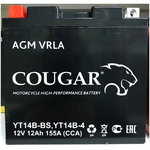 фото Аккумулятор мотоциклетный cougar agm yt14b- bs 12v 12ah (залит и готов к применению)