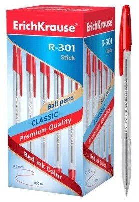 Ручка шариковая ErichKrause R-301 Classic Stick 1.0, цвет чернил красный / упаковка 50шт / шариковая ручка / набор 50шт