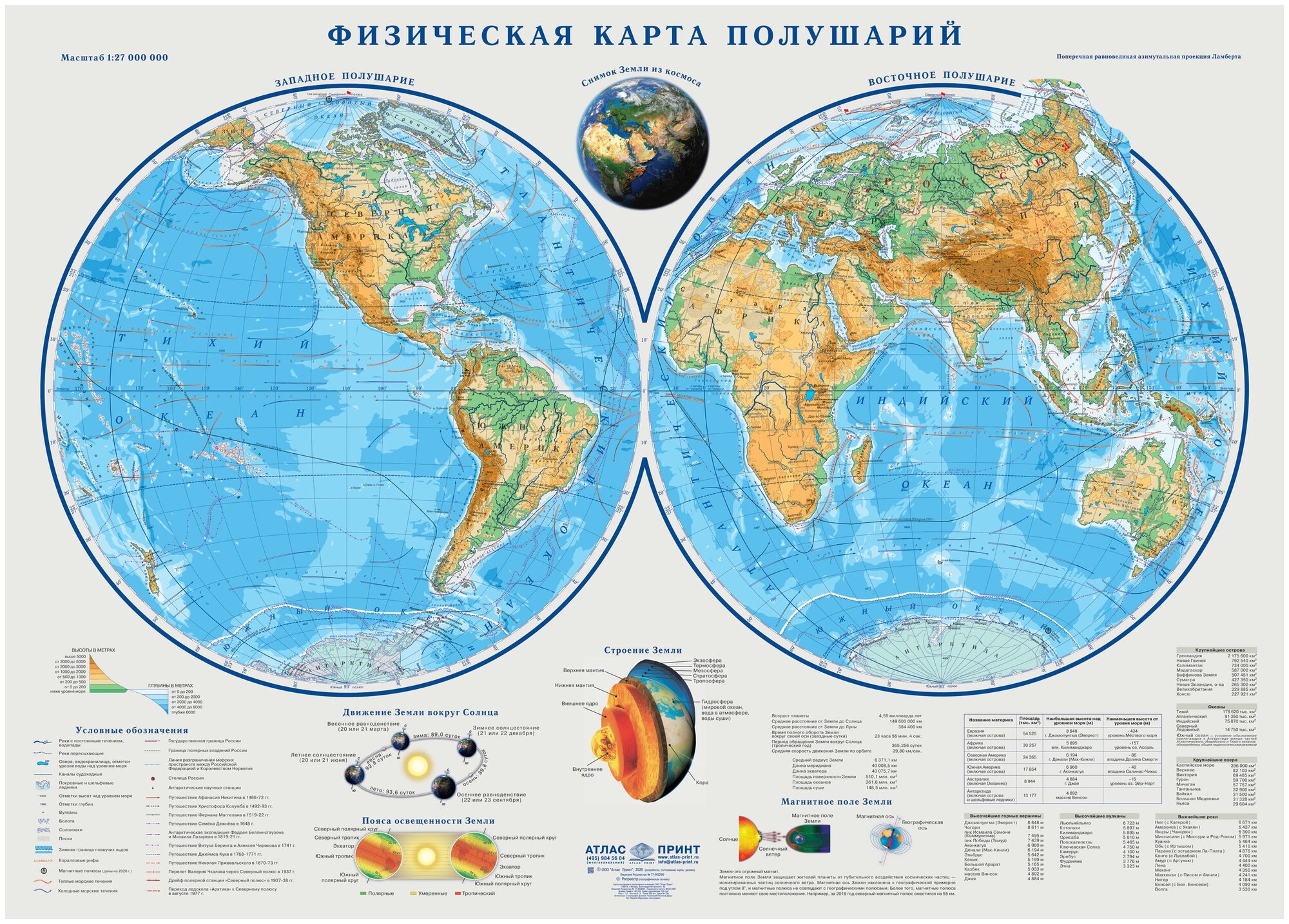 Атлас-принт Настенная физическая карта полушарий /размер 143х102