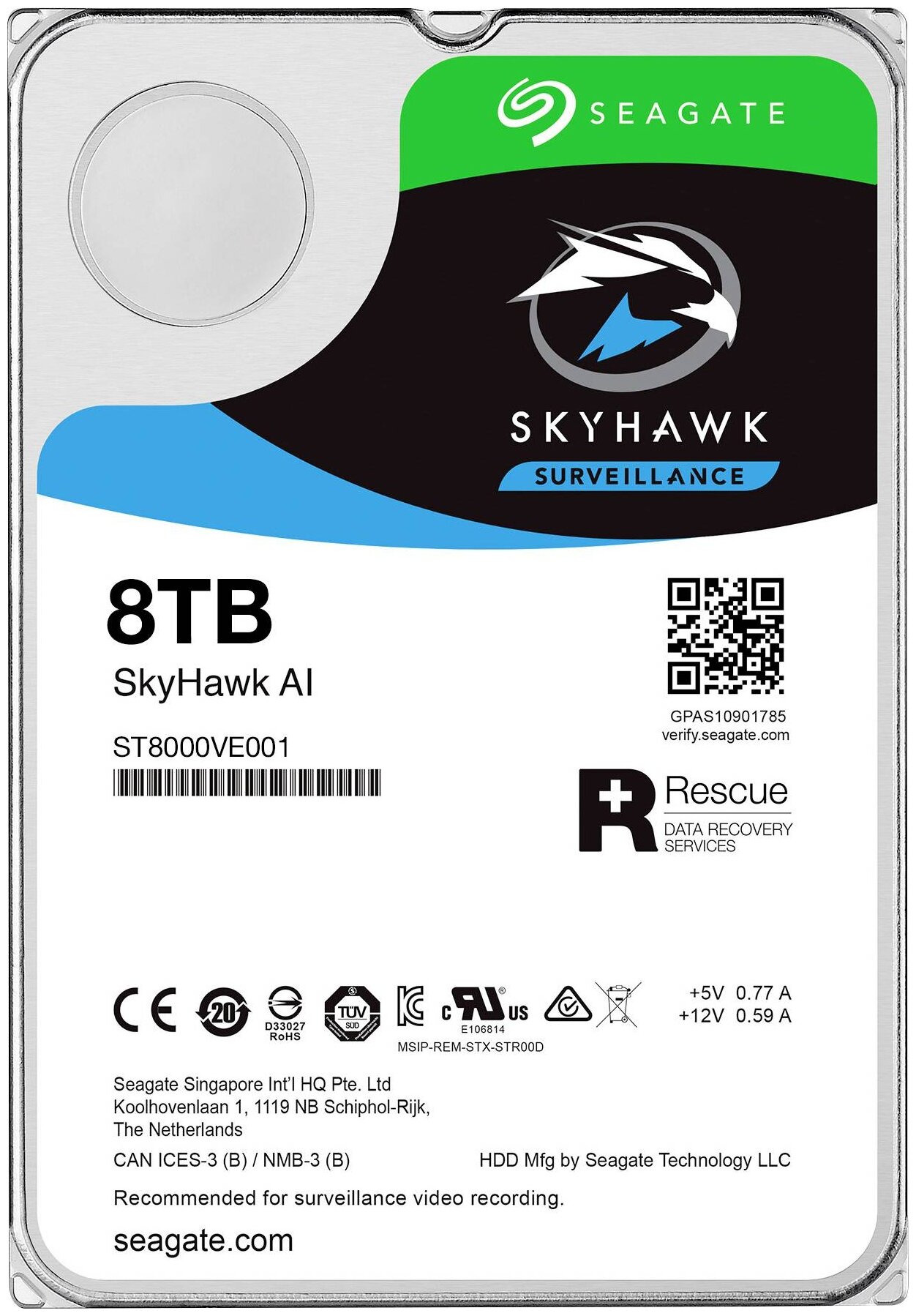 Жесткий диск Seagate Original SATA-III 8Tb ST8000VE001 SkyHawkAI (7200rpm) 256Mb 3 (плохая упаковка)