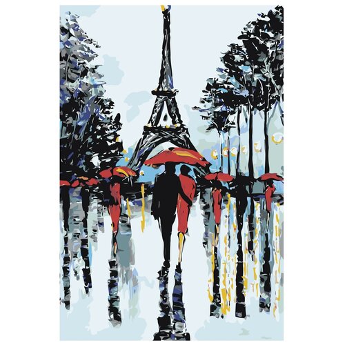 фото Картина по номерам, "живопись по номерам", 48 x 72, fr11, париж, зонт, влюблённые, городской пейзаж, осень, красный зонт