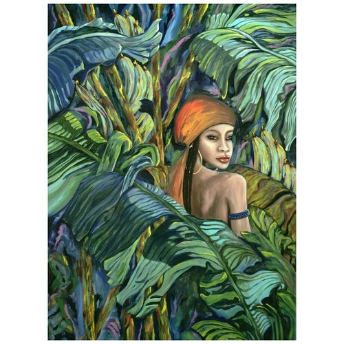 Фотообои Уютная стена Портрет в окружении тропических листьев 200х270 см Бесшовные Премиум (единым полотном)