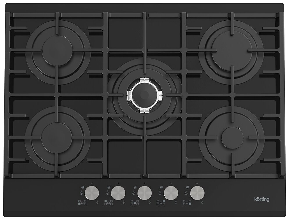 Встраиваемая газовая панель Korting/ Газовая варочная панель из закаленного стекла, ширина 70 см, 5 высокоэффективных конфорок, сверхмощная конфорка WOK 3,8 кВт, автоматический электроподжиг, газ-контроль каждой конфорки, передние металлические переключат