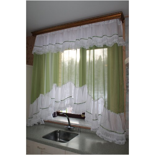 Комплект штор для кухни Злата (зеленый + рюшка белая), нейлон + нейлон, высота 170 см, по ленте регулируется до 2,2 м