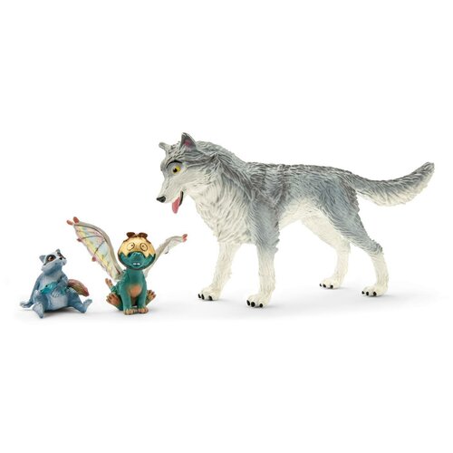 фото Schleich игровой набор волк лайкос, дракон нугур и енот пиу