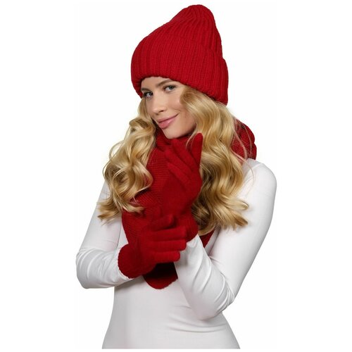 фото Шапка бини lambonika, демисезон/зима, шерсть, подкладка, вязаная, утепленная, размер 50-58, красный