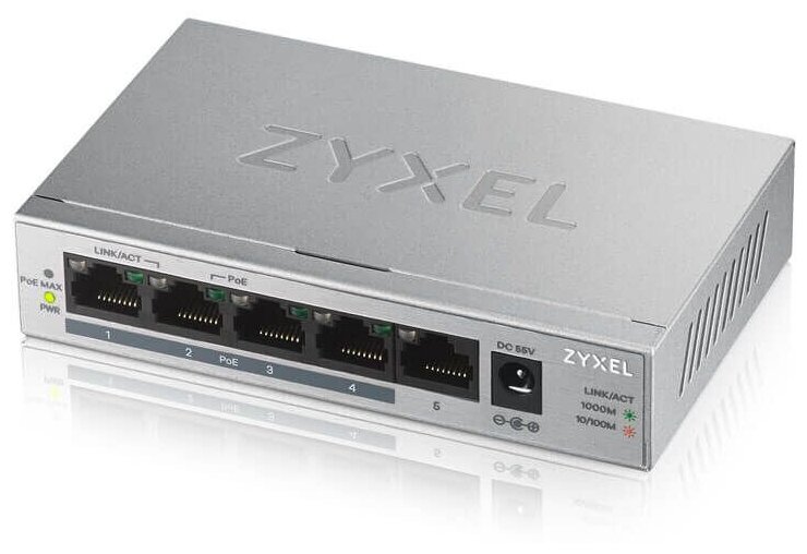 Коммутатор/ ZYXEL GS1005HP Switch PoE +, 5xGE (4xPoE +), desktop, metal, silent, PoE budget 60 W