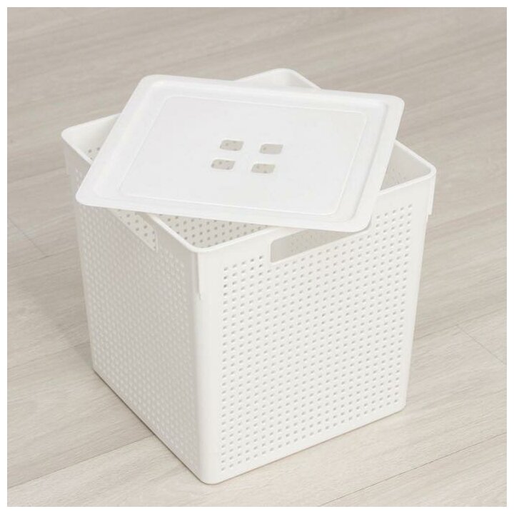 Коробка для хранения лофт квадратная с крышкой 23л белая - фотография № 4