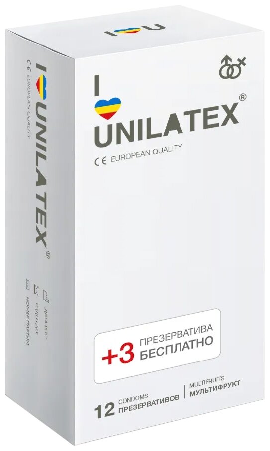 Презервативы гладкие Unilatiex Multifriuts, фруктовые, 12+3 шт