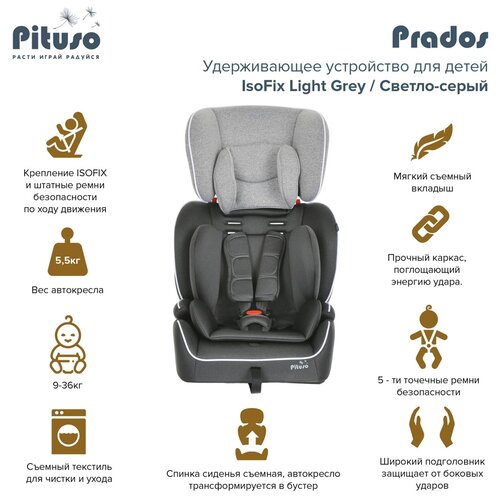 Автокресло группы 1/2/3 (9-36кг) Pituso Prados IsoFix Light Grey/Cветло-cерый