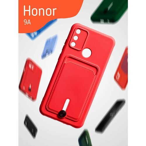 Чехол на Honor 9A с отделением для карт, красный чехол накладка soft touch для honor 9a черный