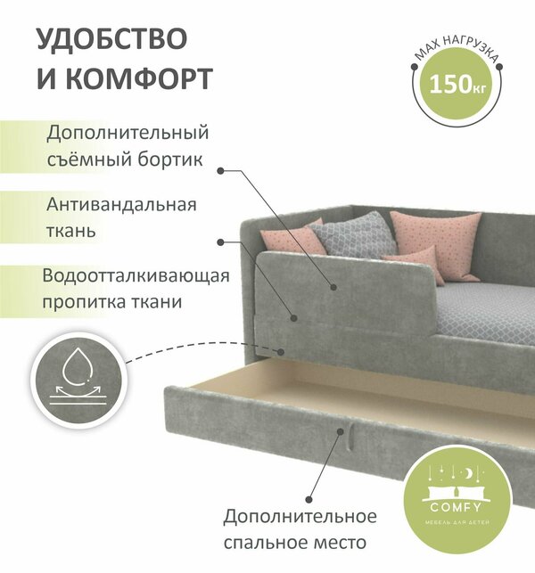 Детский диван-кровать Майя Лайт 200х90 см серый с выкатным ящиком и бортиком Кровать детская от 3х лет Без матраса