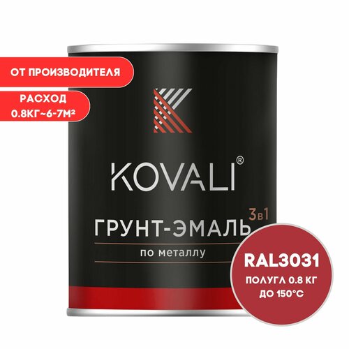 Грунт-эмаль 3 в 1 KOVALI пг Восточный красный RAL 3031 0,8кг краска по металлу, по ржавчине, быстросохнущая , краска Ковали