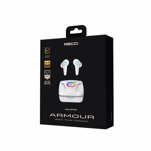 Наушники беспроводные игровые Recci Armour TWS Gaming Earphone ENC 4 mic RGB BT51 470mAh40mAh Белый REP-W37 5650₽