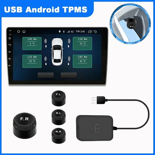 USB Android TPMS Система контроля давления в шинах Внешний датчик запасного колеса USB TMPS для автомобиля Предупреждение о температуре напряжении, Черный