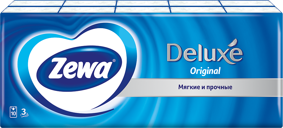 Платочки Zewa Deluxe Original, 3 слоя, белые, в пакете, 10 шт — фото 1