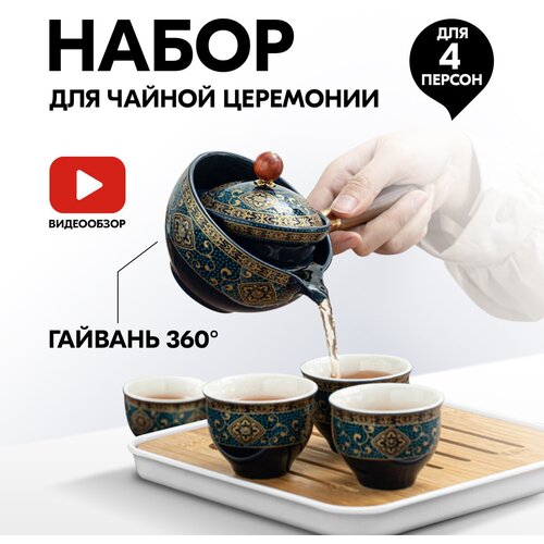 Набор для заваривания чая, 6 предметов, бирюзовый с золотистым узором, Чайный Дом Красный Дракон RD-TSET-20