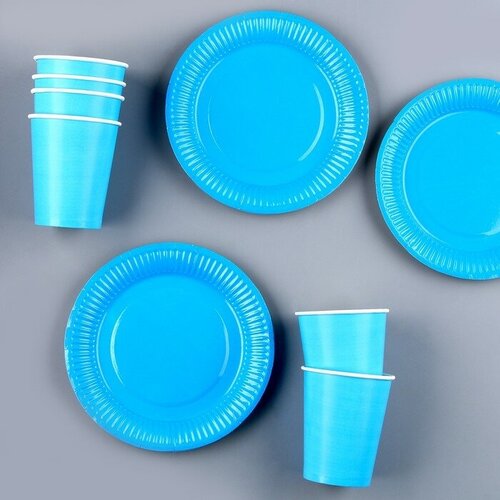 Набор бумажной посуды, 6 тарелок, 6 стаканов, цвет голубой ТероПром 9683692