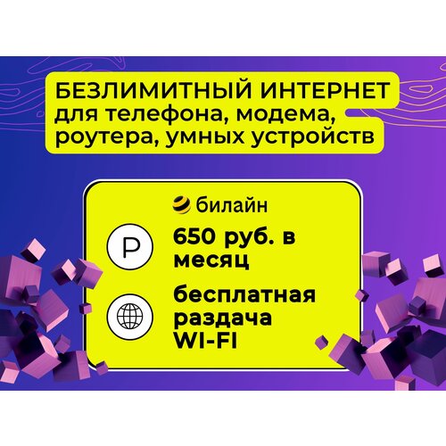 Сим карта Билайн тариф Безлимитный интернет для телефона, модема, роутера, магнитолы и любых умных устройств Аб. плата 650 руб./мес по всей России