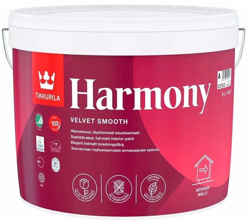 Краска акриловая Tikkurila Harmony влагостойкая моющаяся глубокоматовая белый 9 л